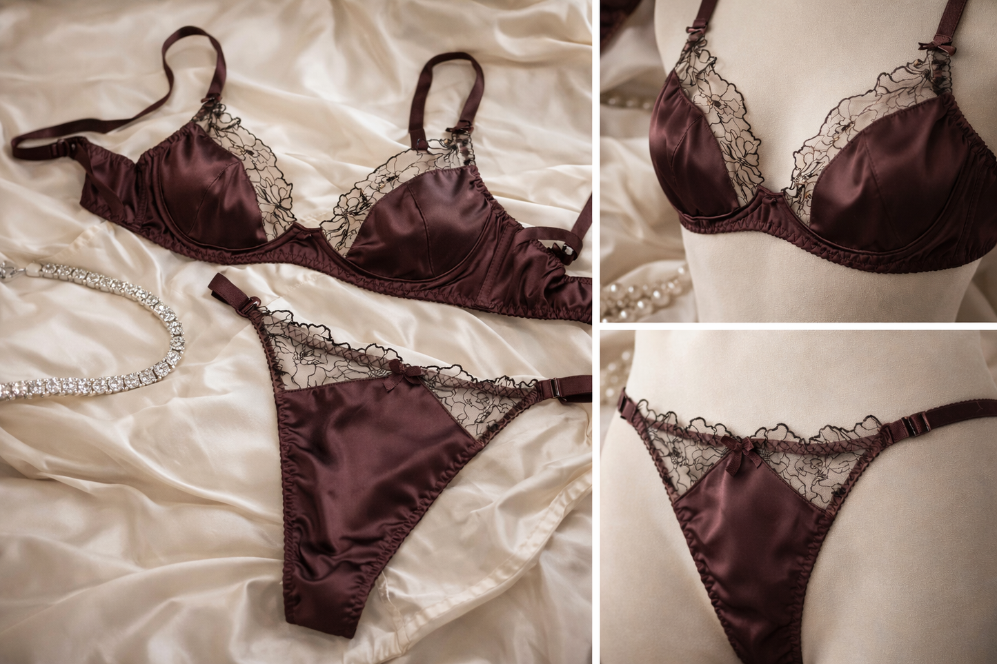French Satin Sexy Lingerie Lace Bras & Thong Sets