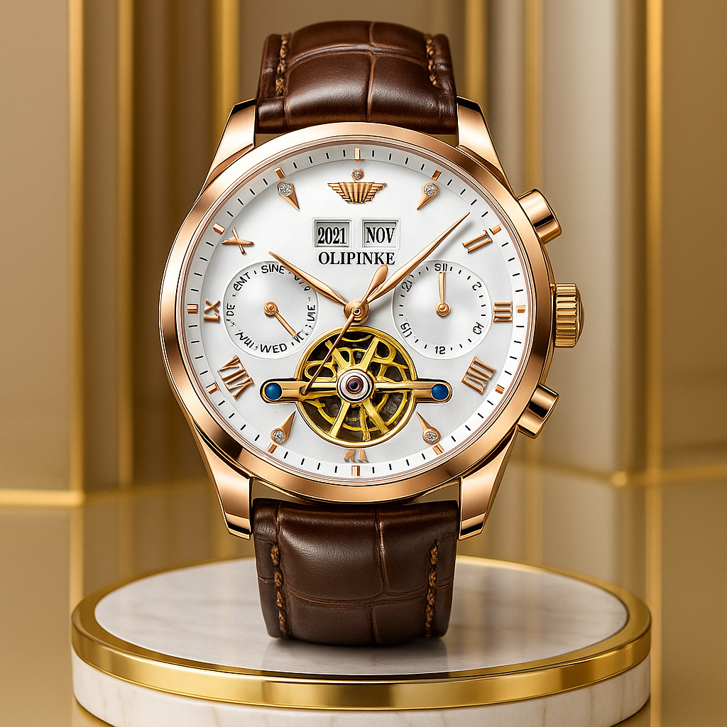 OUPINKE Tourbillon Leather Luxury Automatic Mechanical Wristwatch with Sapphire glass & Waterproof