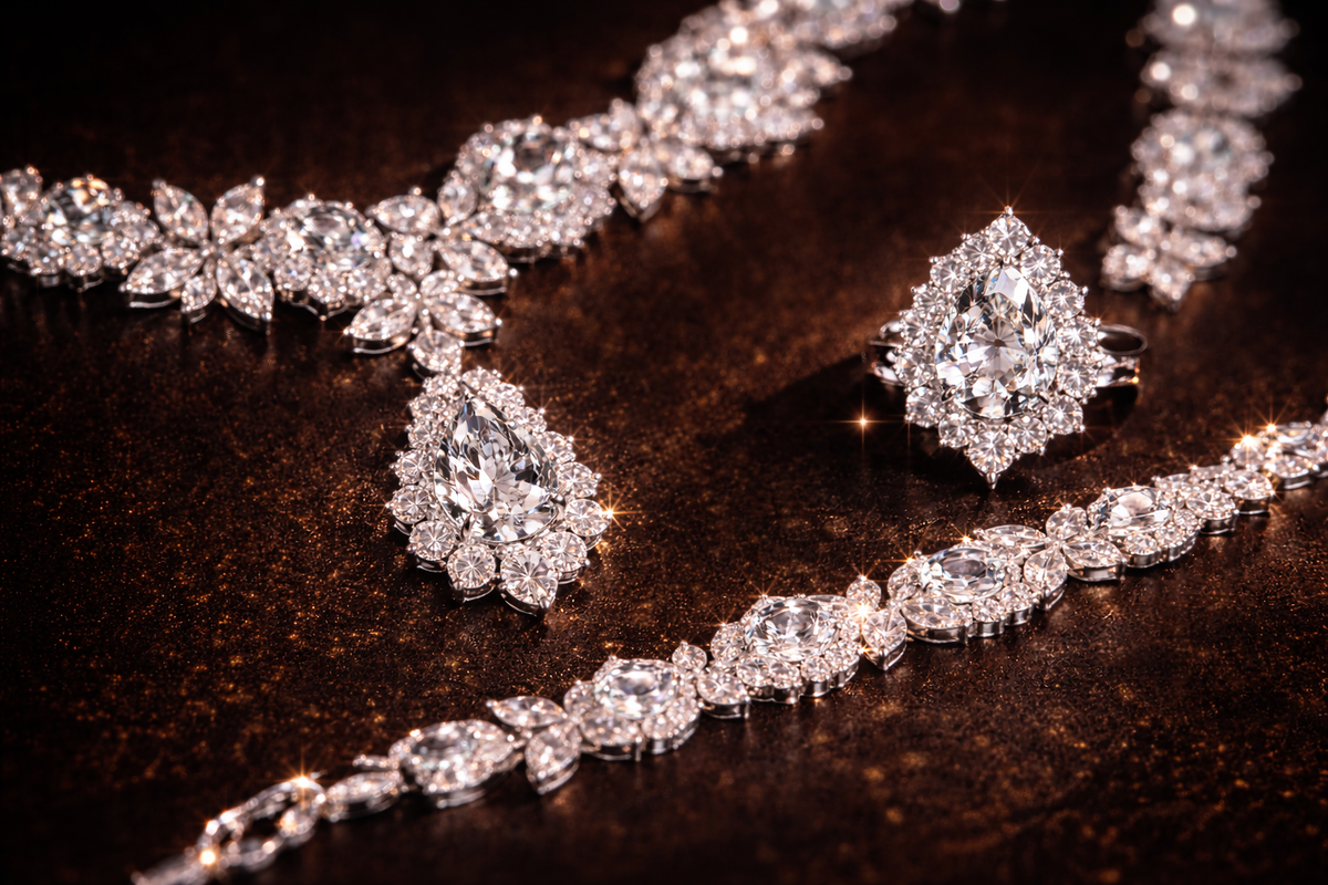 detailed closeup of diamond cubic zirconia bracelet ring and necklace luxury jewelry close up