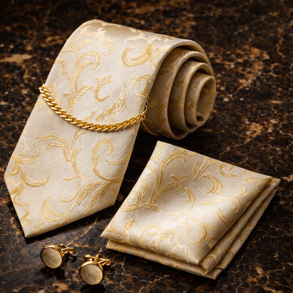 The Sovereign Silk Tie Sets
Suit Tie, Tie Chain, Handkerchief & Cufflinks