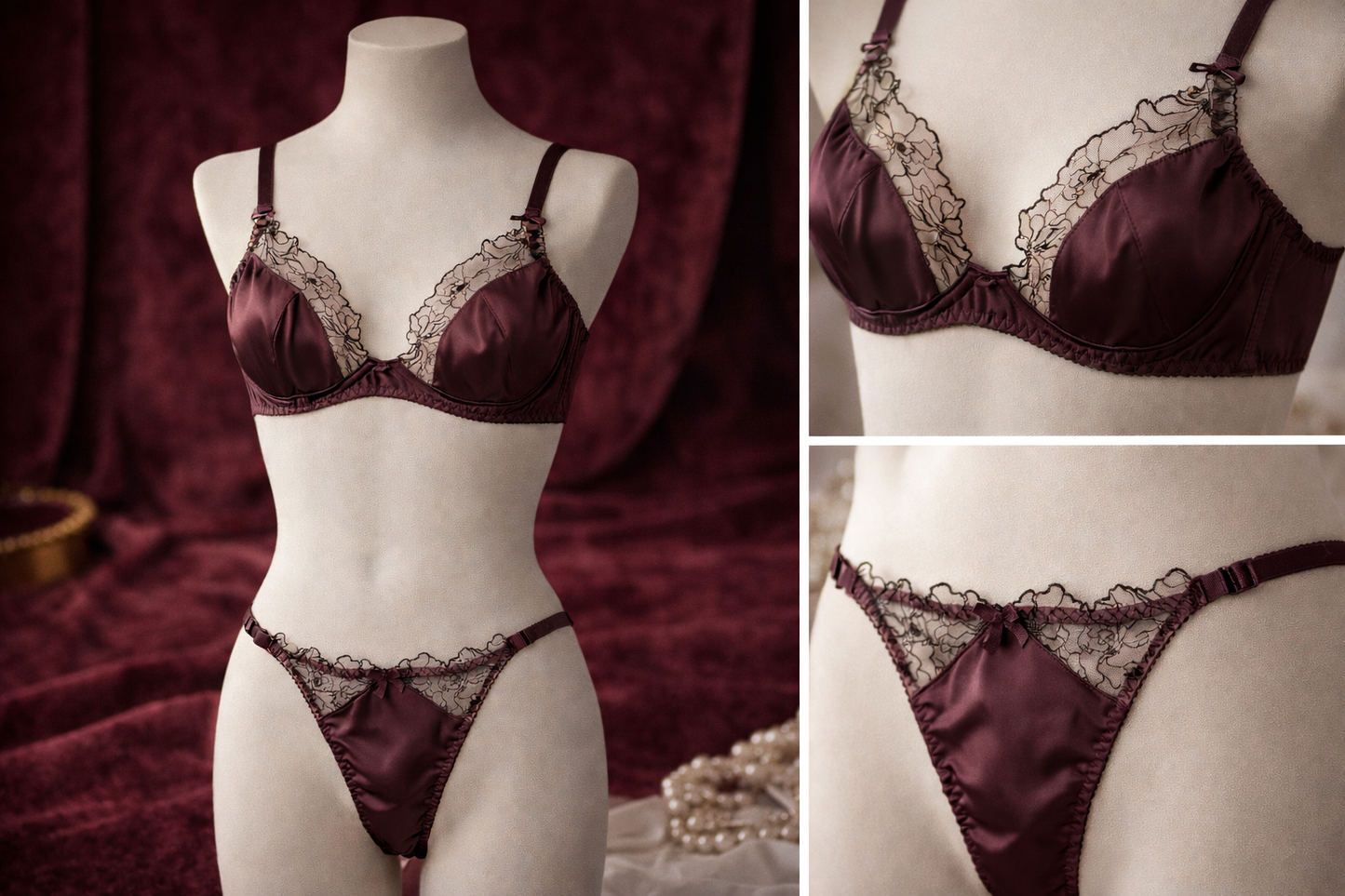 French Satin Sexy Lingerie Lace Bras & Thong Sets