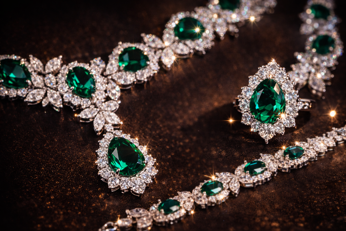 detailed closeup of emerald green cubic zirconia bracelet ring and necklace luxury jewelry close up