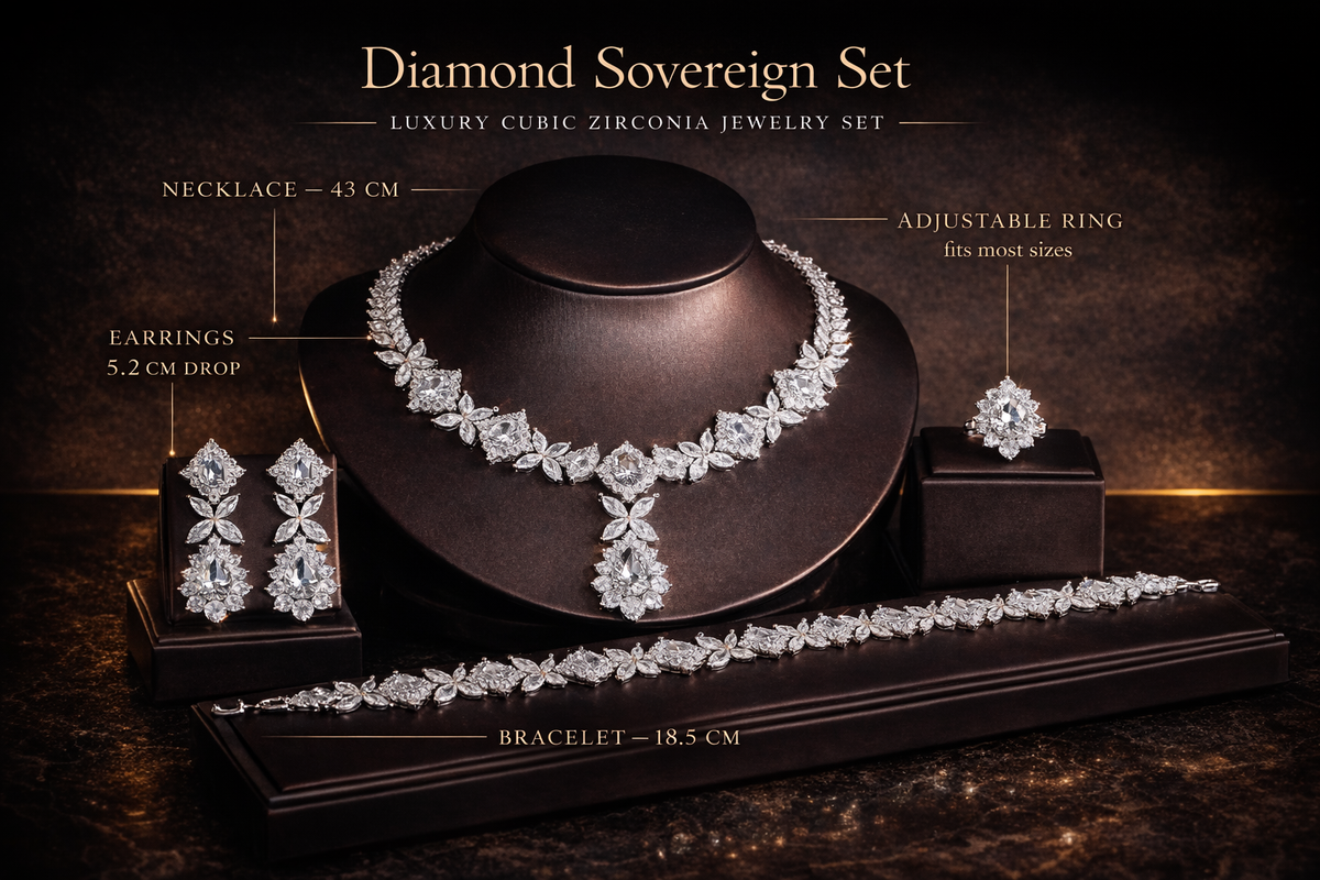 diamond cubic zirconia jewelry set size and details necklace earrings bracelet ring specifications
