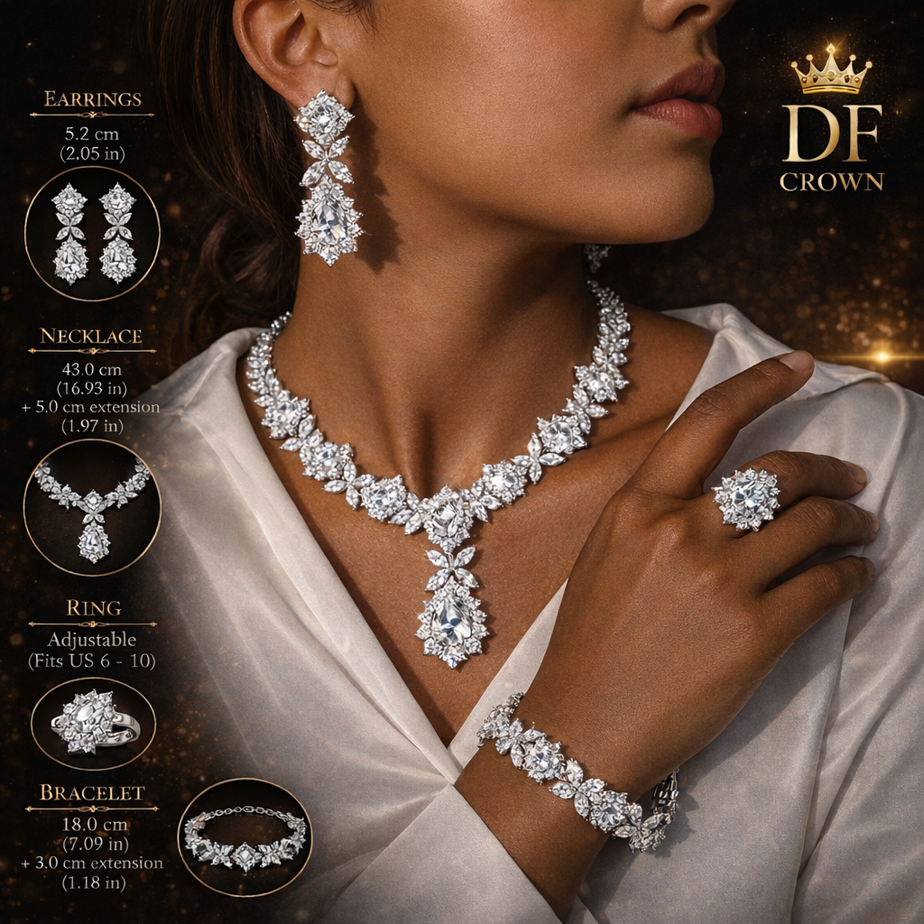 woman wearing diamond cubic zirconia jewelry set size and details necklace earrings bracelet ring specifications

