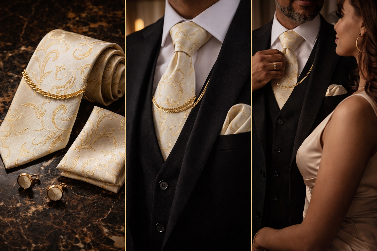 The Sovereign Silk Tie Sets
Suit Tie, Tie Chain, Handkerchief & Cufflinks