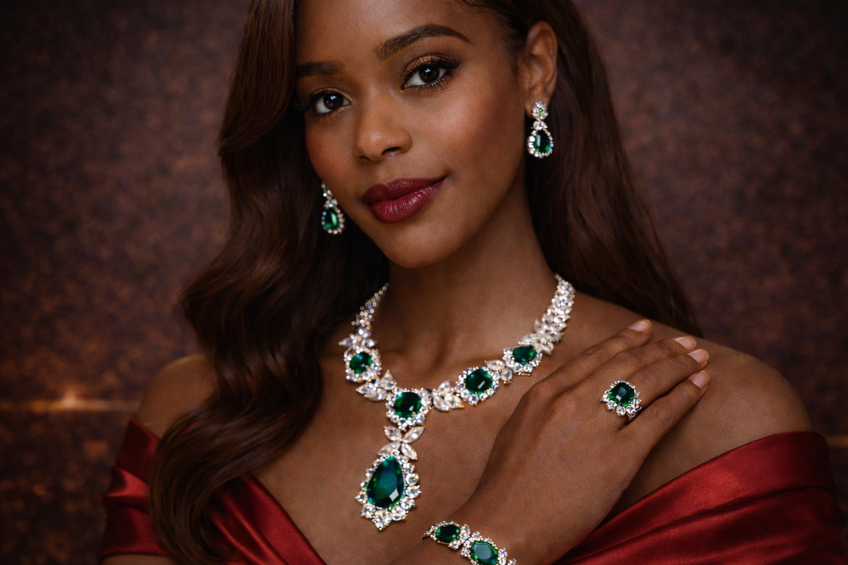 close up of woman wearing emerald green necklace earrings bracelet and ring cubic zirconia set