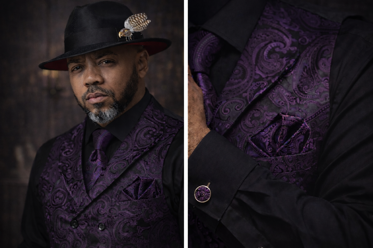 Men’s Vest & Tie Set. Silk Paisley 4Pc. NeckTie, Hanky & Cufflinks