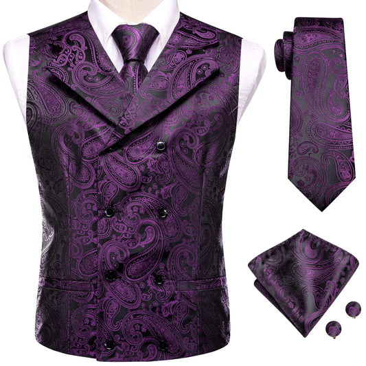 Men’s Vest & Tie Set. Silk Paisley 4Pc. NeckTie, Hanky & Cufflinks