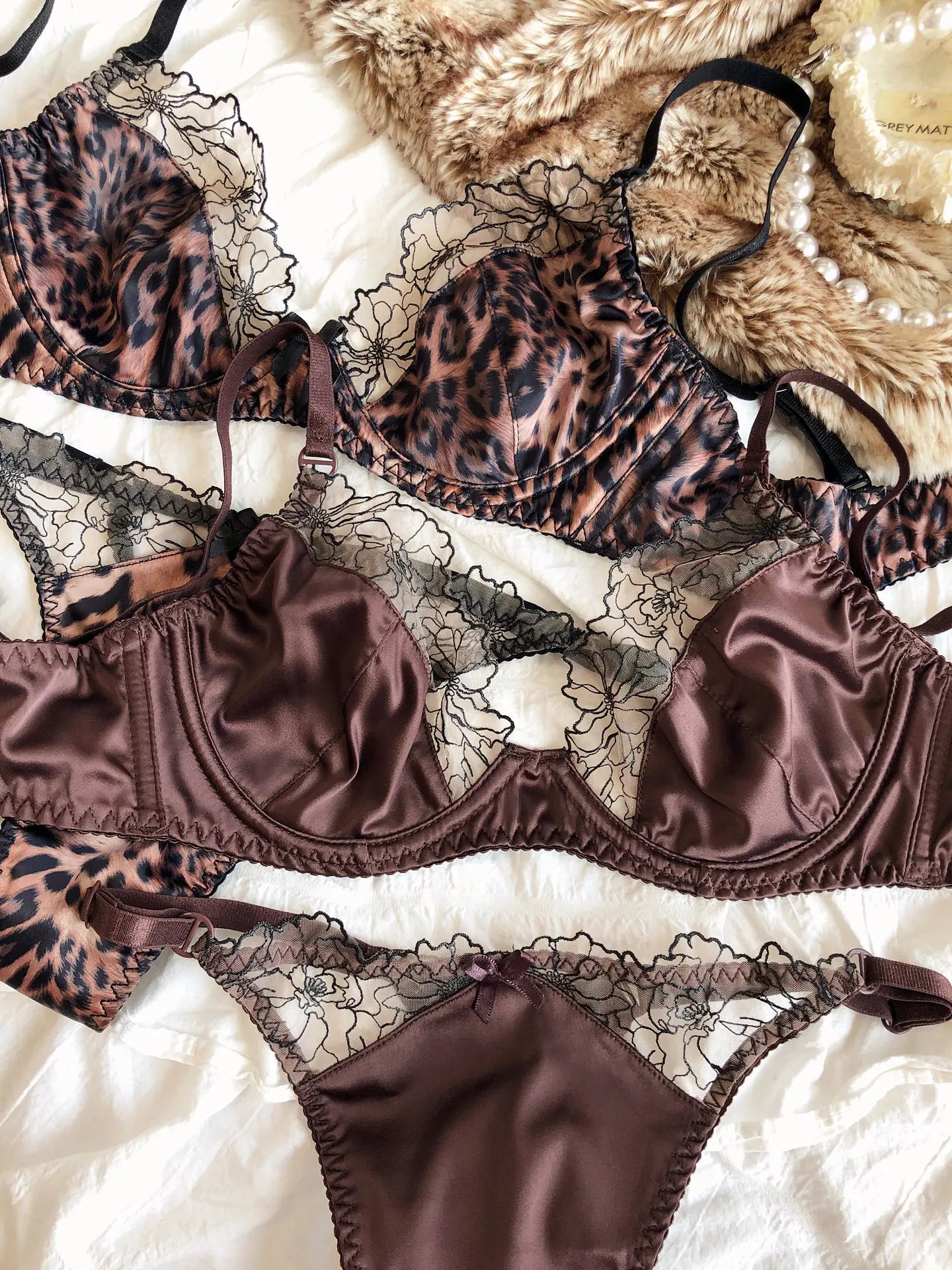 French Satin Sexy Lingerie Lace Bras & Thong Sets