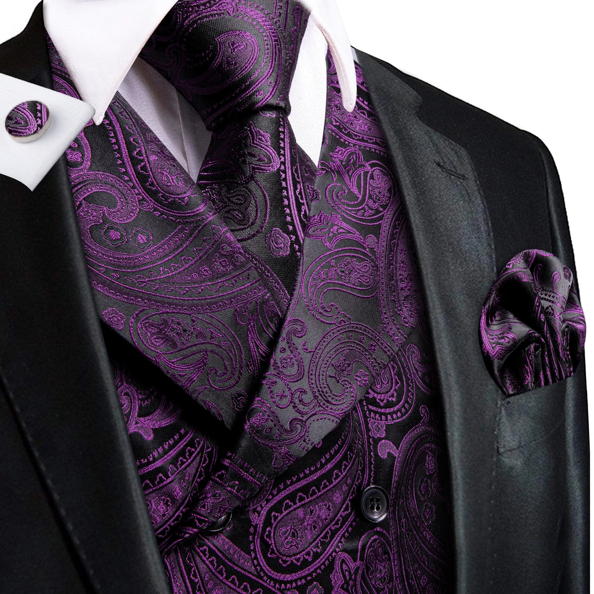 Men’s Vest & Tie Set. Silk Paisley 4Pc. NeckTie, Hanky & Cufflinks