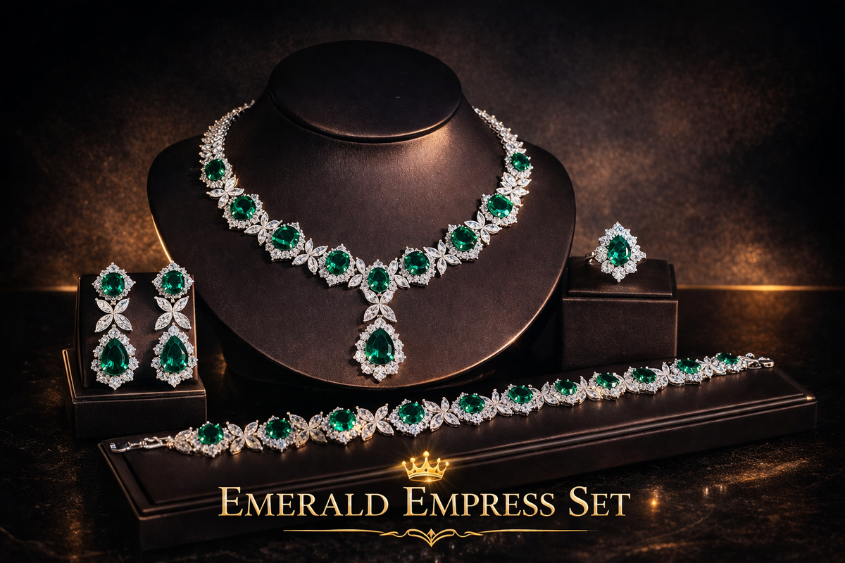 emerald green cubic zirconia jewelry set necklace earrings bracelet and ring luxury display