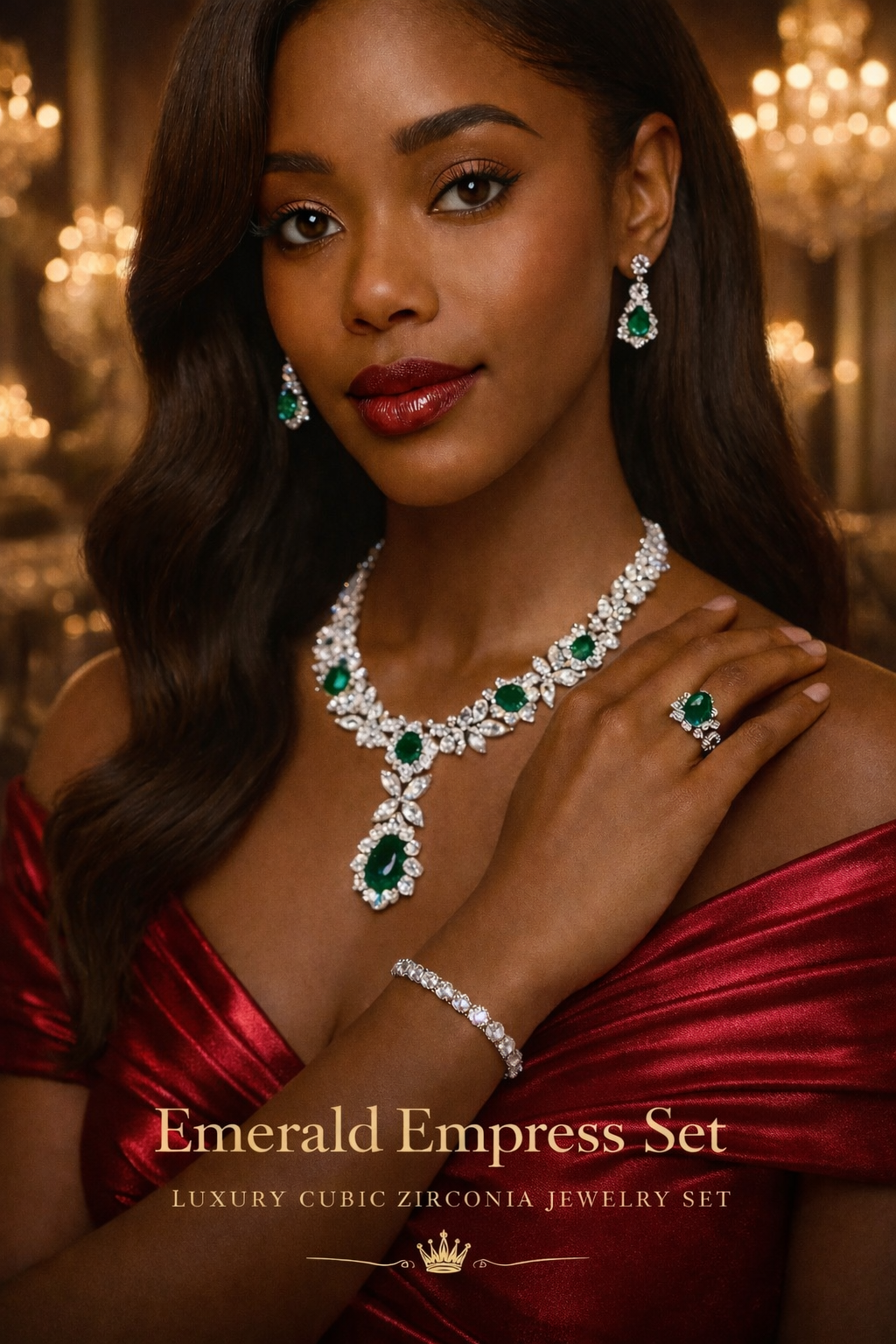 woman wearing emerald cubic zirconia bridal jewelry set necklace earrings bracelet and ring close up
