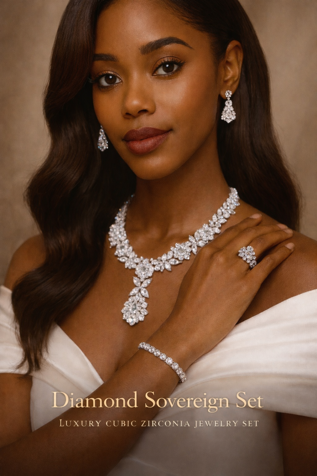 woman wearing diamond cubic zirconia bridal jewelry set necklace earrings bracelet and ring close up