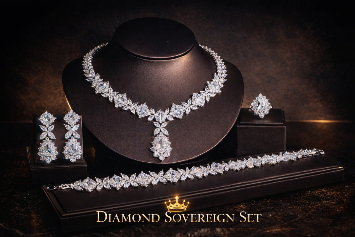 diamond cubic zirconia jewelry set necklace earrings bracelet and ring luxury display