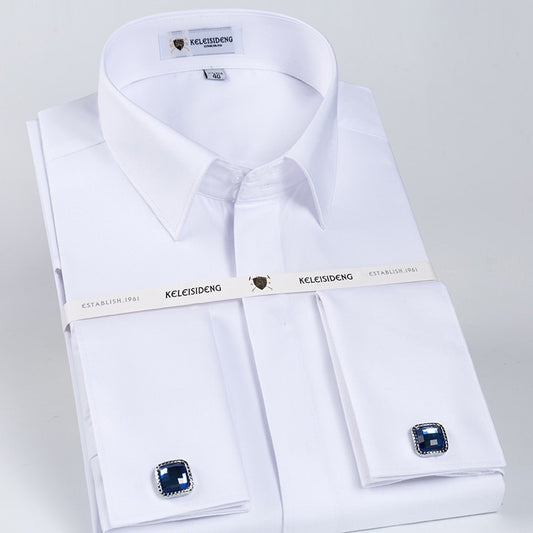 Men's Classic French Cuff Hidden Button Dress Shirt Long-sleeve (Cufflinks Included)