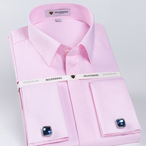 Men's Classic French Cuff Hidden Button Dress Shirt Long-sleeve (Cufflinks Included)