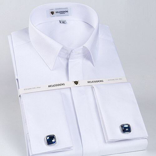 Men's Classic French Cuff Hidden Button Dress Shirt Long-sleeve (Cufflinks Included)