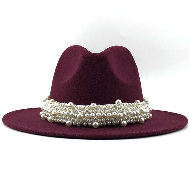 Men & Women Fedora Hat with Leather Pearl ribbon Felt Panama Hat