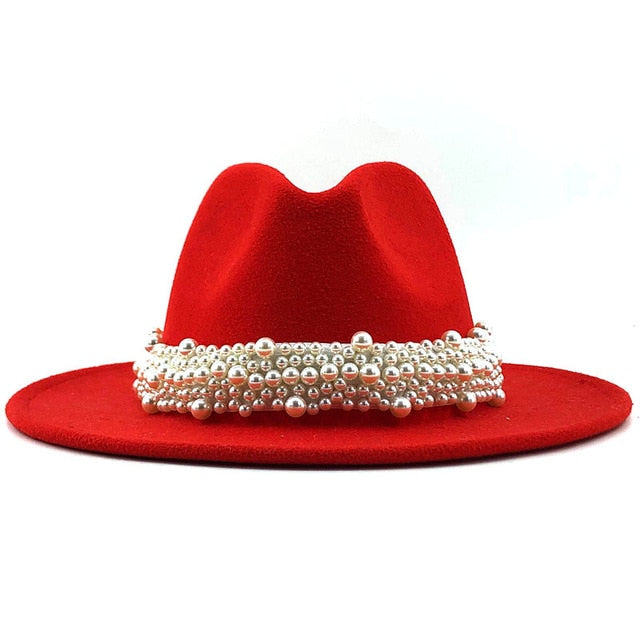 Men & Women Fedora Hat with Leather Pearl ribbon Felt Panama Hat