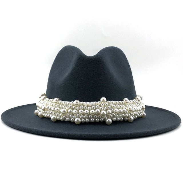Men & Women Fedora Hat with Leather Pearl ribbon Felt Panama Hat