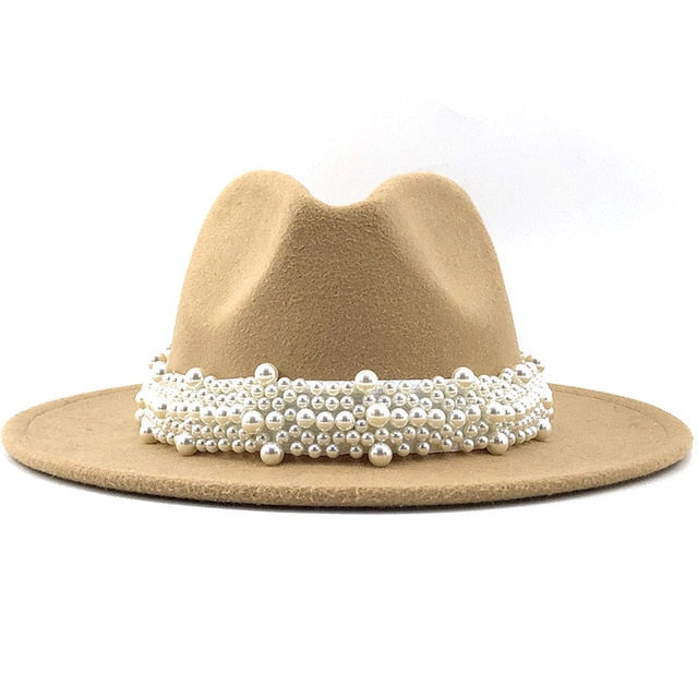 Men & Women Fedora Hat with Leather Pearl ribbon Felt Panama Hat