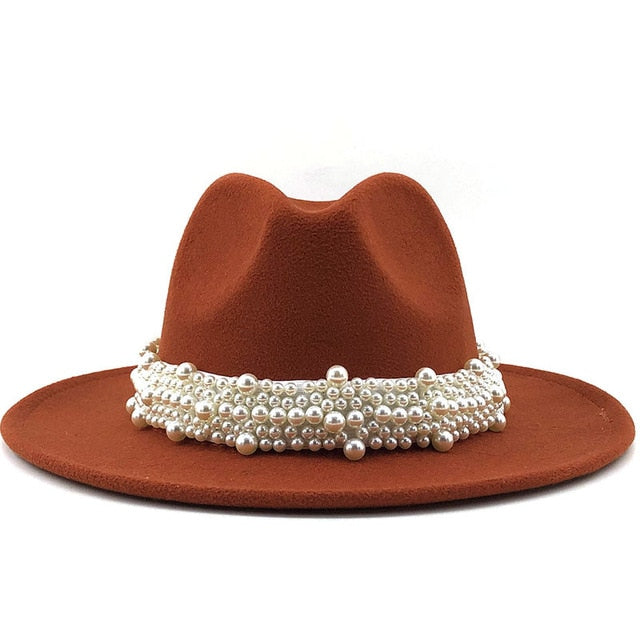 Men & Women Fedora Hat with Leather Pearl ribbon Felt Panama Hat