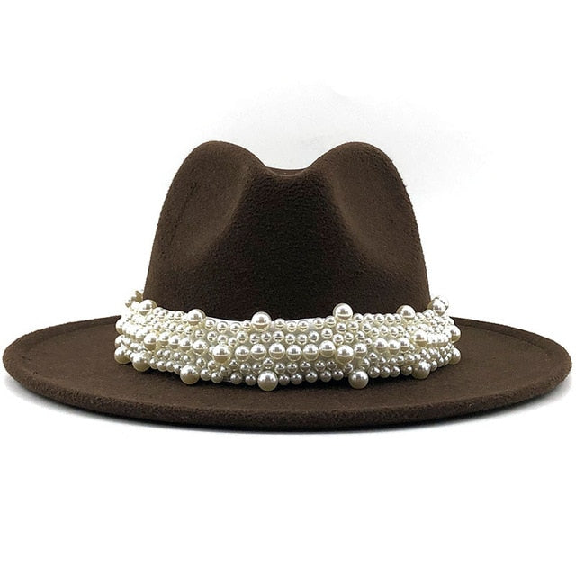 Men & Women Fedora Hat with Leather Pearl ribbon Felt Panama Hat