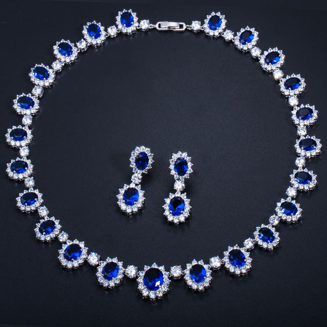 Bridal Wedding Necklace & Earrings Royal Color Stones & Cubic Zirconia Jewelry Set