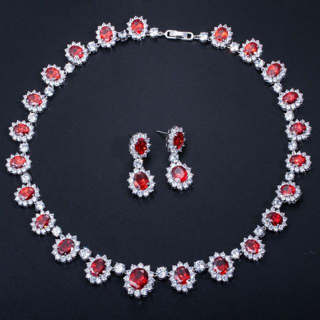 Bridal Wedding Necklace & Earrings Royal Color Stones & Cubic Zirconia Jewelry Set
