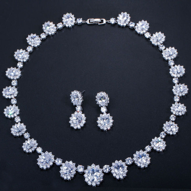 Bridal Wedding Necklace & Earrings Royal Color Stones & Cubic Zirconia Jewelry Set