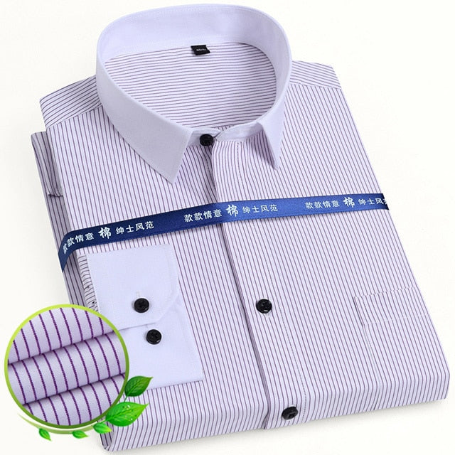 Men's Classic Long Sleeve Solid/striped Basic Dress Shirts Single Patch Pocket Formal Business Standard-fit Office Social Shirt