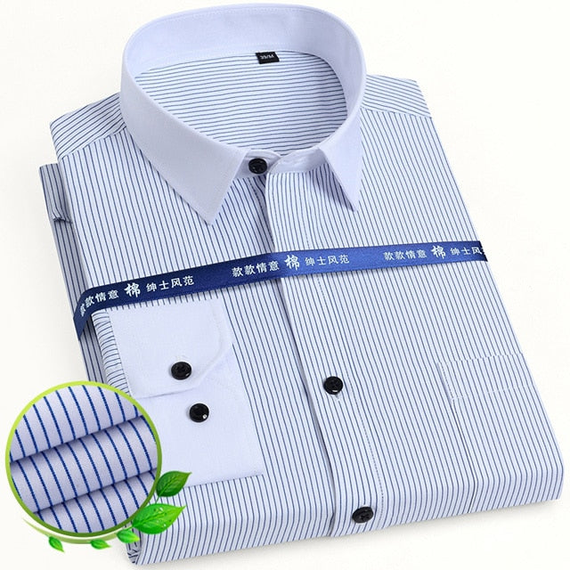 Men's Classic Long Sleeve Solid/striped Basic Dress Shirts Single Patch Pocket Formal Business Standard-fit Office Social Shirt