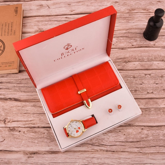 Women's Fashion Quartz Watch Wallet Earrings 3pcs set Gift Box