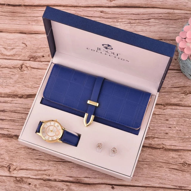 Women's Fashion Quartz Watch Wallet Earrings 3pcs set Gift Box
