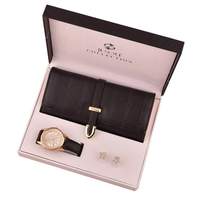 Women's Fashion Quartz Watch Wallet Earrings 3pcs set Gift Box
