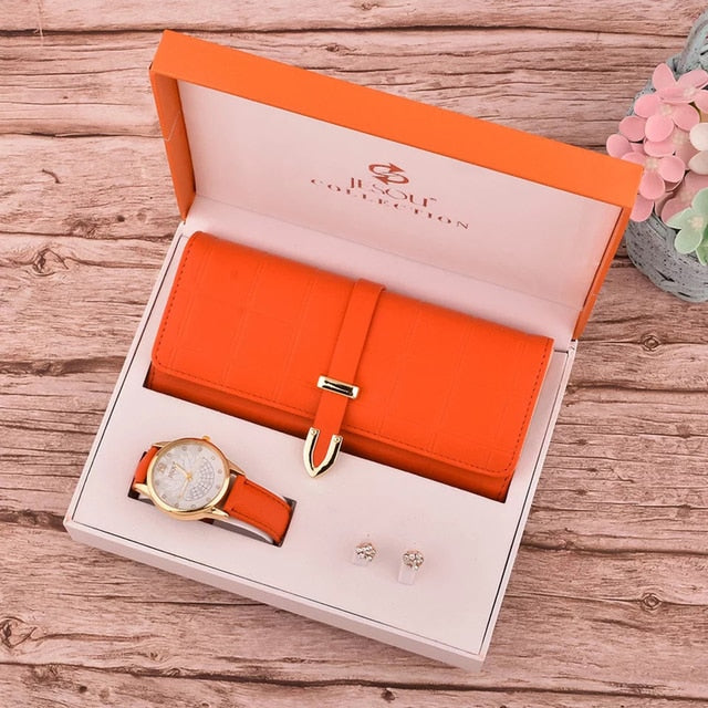 Women's Fashion Quartz Watch Wallet Earrings 3pcs set Gift Box