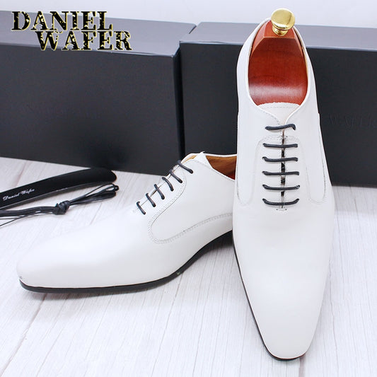 Men's Oxford Shoes Pointed Toe Leather White Black Brown Men Dress Office Wedding Formal shoes Lace up Leather Shoes Men