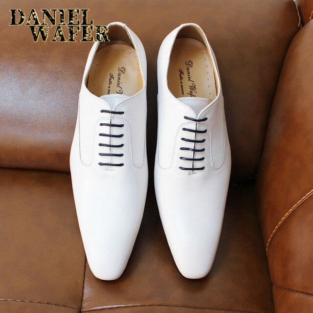Men's Oxford Shoes Pointed Toe Leather White Black Brown Men Dress Office Wedding Formal shoes Lace up Leather Shoes Men