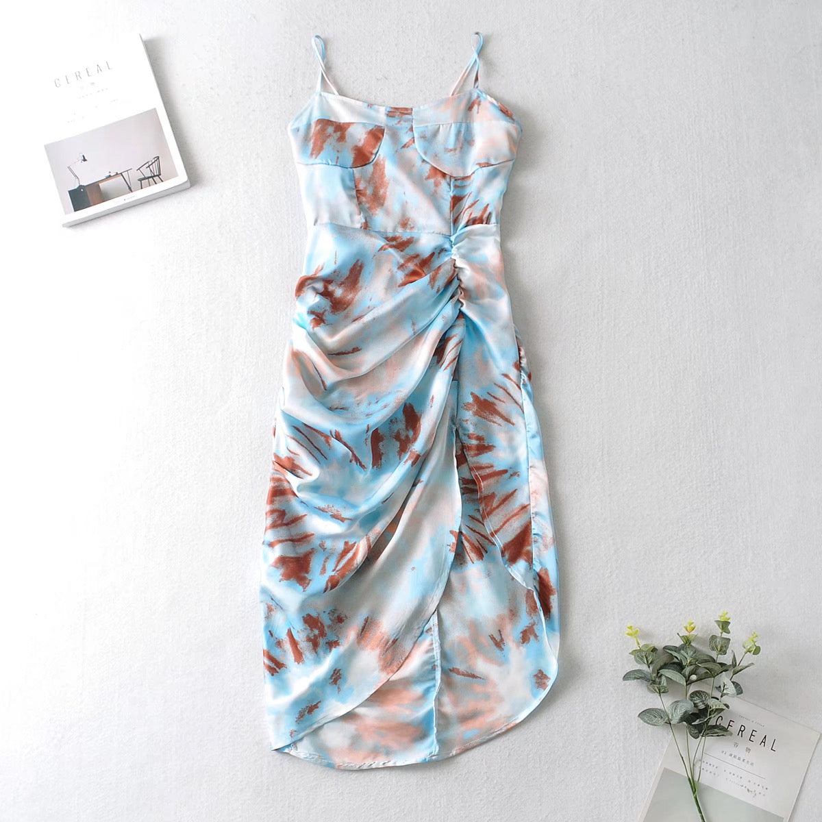 Spaghetti Strap Dress Women's Floral Print with Hem Slim Waist, Irregular Slit, Long Dress