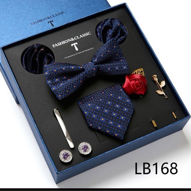 Men's 9 Piece Silk Butterfly Tie Set, Necktie, Bowtie, Handkerchief, Cufflinks, Tie Clip and Lapel Pin Set