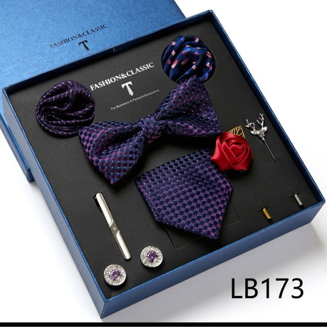 Men's 9 Piece Silk Butterfly Tie Set, Necktie, Bowtie, Handkerchief, Cufflinks, Tie Clip and Lapel Pin Set