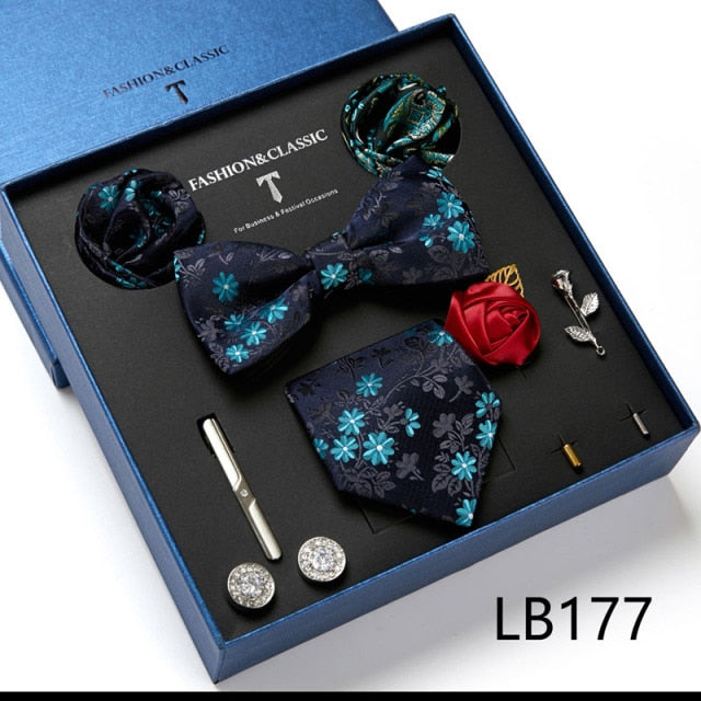 Men's 9 Piece Silk Butterfly Tie Set, Necktie, Bowtie, Handkerchief, Cufflinks, Tie Clip and Lapel Pin Set