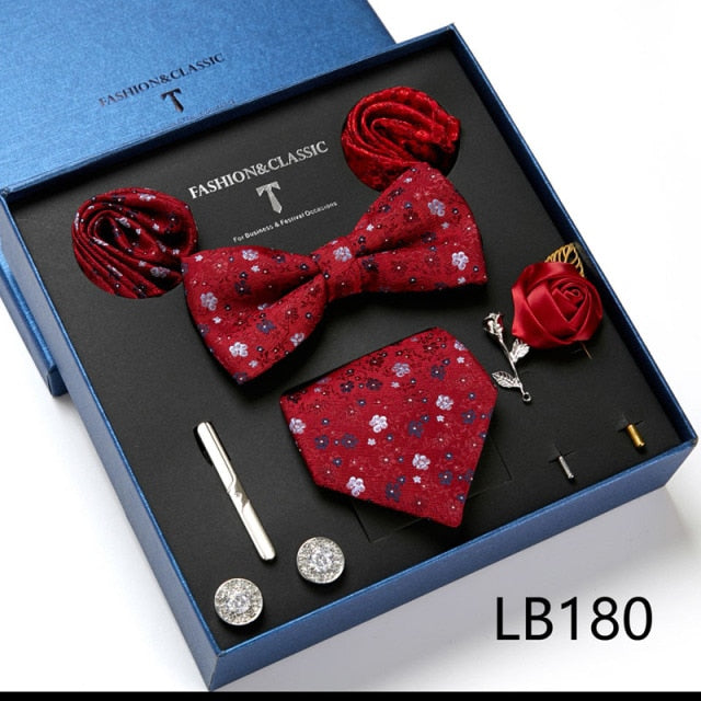 Men's 9 Piece Silk Butterfly Tie Set, Necktie, Bowtie, Handkerchief, Cufflinks, Tie Clip and Lapel Pin Set