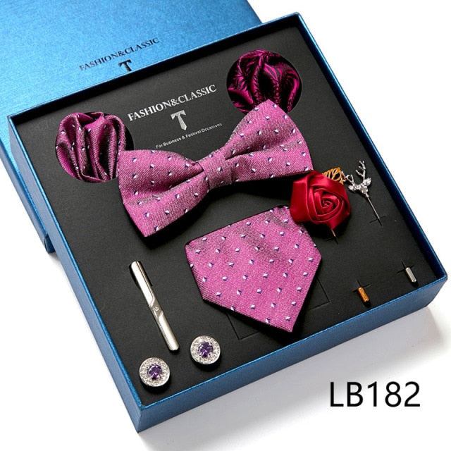 Men's 9 Piece Silk Butterfly Tie Set, Necktie, Bowtie, Handkerchief, Cufflinks, Tie Clip and Lapel Pin Set