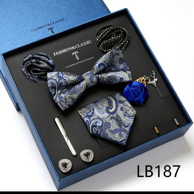 Men's 9 Piece Silk Butterfly Tie Set, Necktie, Bowtie, Handkerchief, Cufflinks, Tie Clip and Lapel Pin Set