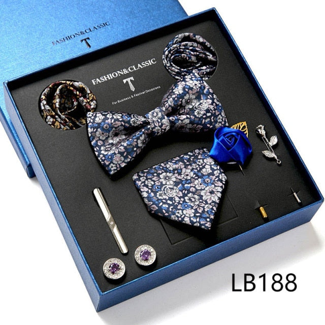 Men's 9 Piece Silk Butterfly Tie Set, Necktie, Bowtie, Handkerchief, Cufflinks, Tie Clip and Lapel Pin Set