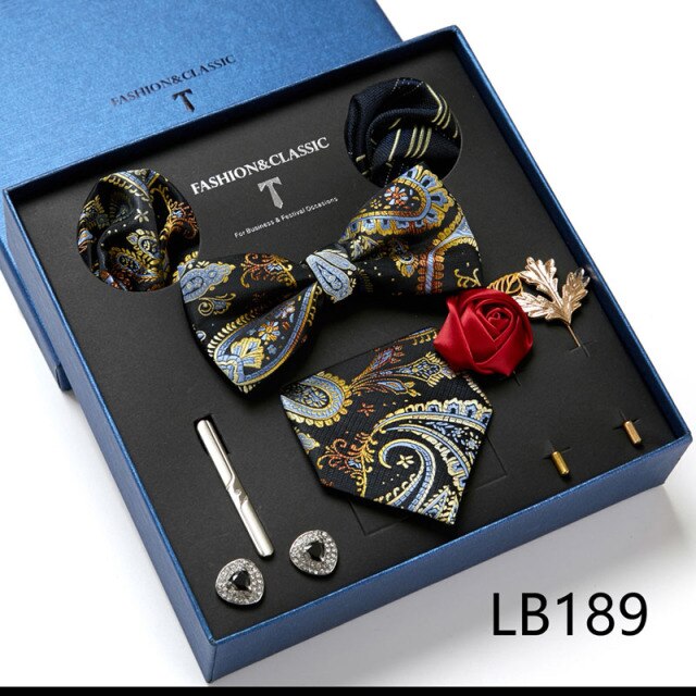 Men's 9 Piece Silk Butterfly Tie Set, Necktie, Bowtie, Handkerchief, Cufflinks, Tie Clip and Lapel Pin Set