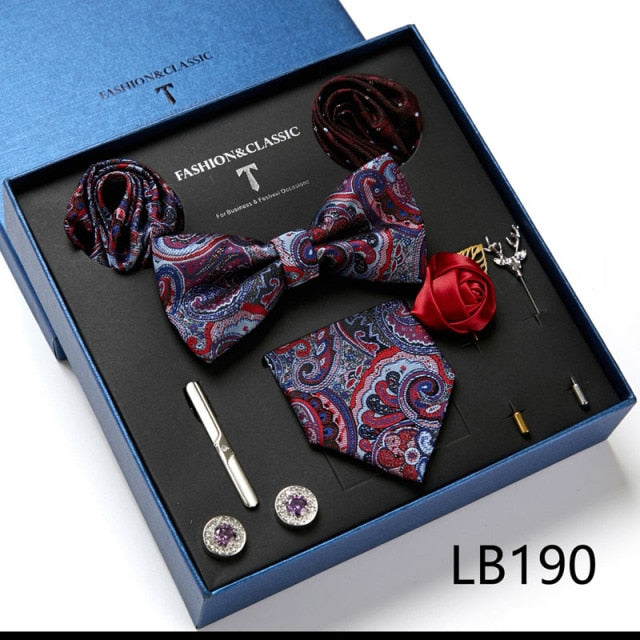 Men's 9 Piece Silk Butterfly Tie Set, Necktie, Bowtie, Handkerchief, Cufflinks, Tie Clip and Lapel Pin Set