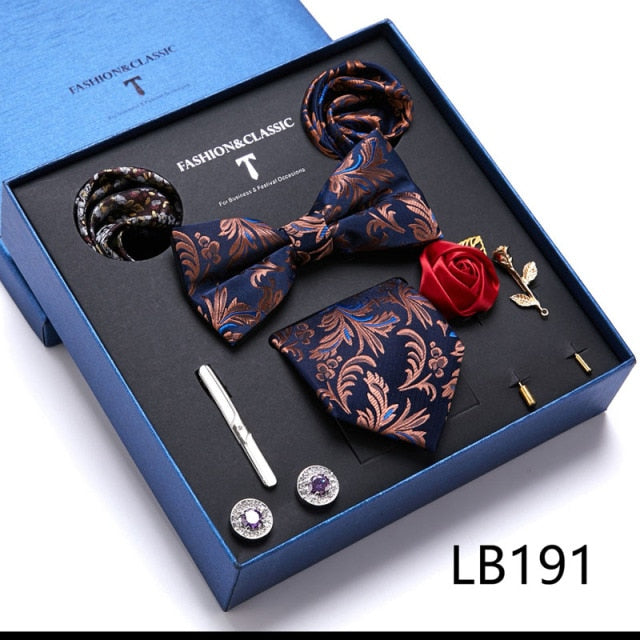 Men's 9 Piece Silk Butterfly Tie Set, Necktie, Bowtie, Handkerchief, Cufflinks, Tie Clip and Lapel Pin Set