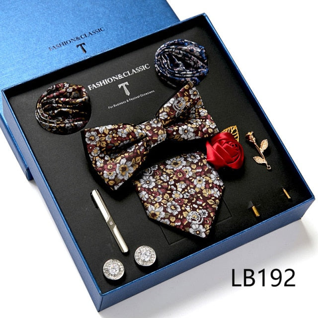 Men's 9 Piece Silk Butterfly Tie Set, Necktie, Bowtie, Handkerchief, Cufflinks, Tie Clip and Lapel Pin Set